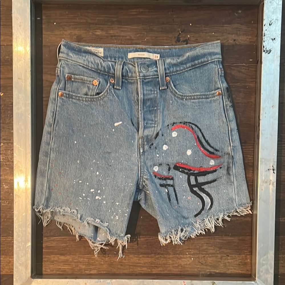 Levi's Blue and Red Jean Shorts with mushroom Design